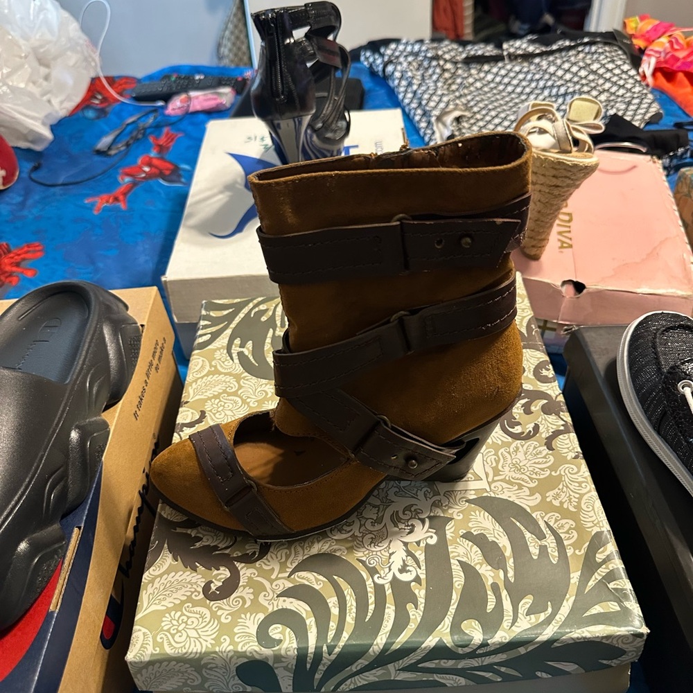 Brown Suede Buckle Ankle Boots